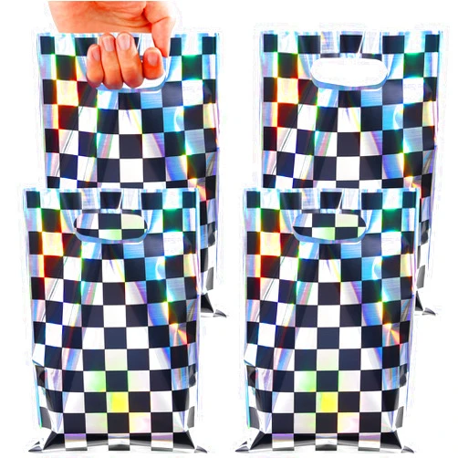 FunnyPars 50 Pcs Iridescent Checkered Race Car Party Favor Bags, Plastic Black and Iridescent Car Goodie Treat Bags, Racecar Laser Plaid Candy Gift Bags for Kids Fast Race Car Birthday Party Decorations
