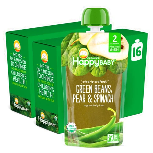 Happy Baby Organics Stage 2 Baby Food Pouches, Gluten Free, Vegan & Healthy Snack, Clearly Crafted Fruit & Veggie Puree, Green Beans, Pears & Spinach, 4 Ounces (Pack of 16)