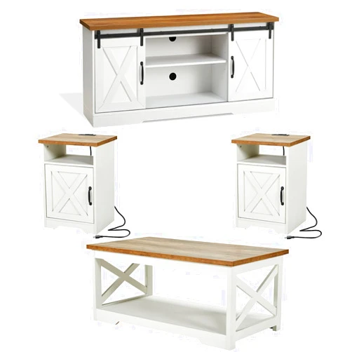 AMERLIFE 4-Piece Farmhouse Table Set Includes Sliding Barn Door TV Stand, Coffee Table& Two End Tables, Side Table with Charging Station and USB Ports, for Living Room, Bedroom, Distressed White, 66