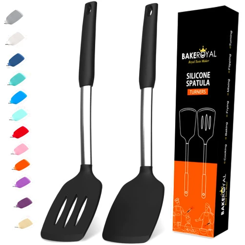 BAKEROYAL Silicone Spatula Set - Turner Spatulas Silicone Heat Resistant 600°F - Slotted & Solid Silicone Spatulas for Cooking Fish, Eggs, Pancakes Flipper – Silicone Cooking Utensils Set – Black