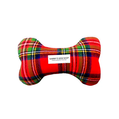 Sammy's Sew Shop Flannel Squeaky Dog Bone Toy - Holiday Stocking Stuffer Gift for Dogs, Puncture Proof Squeaker, Handmade (Small, Red Tartan)