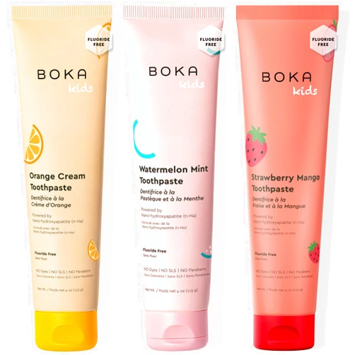 Boka Fluoride Free Toothpaste Nano Hydroxyapatite Toothpaste - Orange Cream, Watermelon Mint, Strawberry Mango Flavor, 4 oz 3Pk US Manufactured