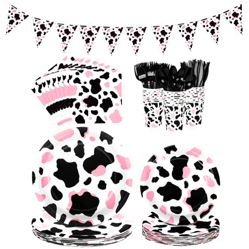 durony 198 Pieces Pink Cow Print Party Tableware Supplies Including Cowgirl Pink Cow Party Plates Spoons Forks Knife Cups Napkins Serves for 28 Banner and Tablecloths for Cow Theme Party Decorations