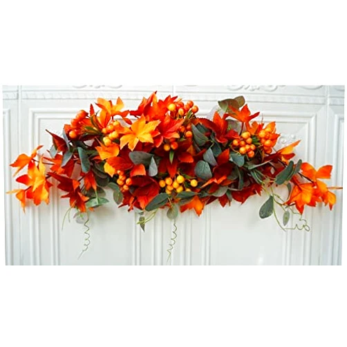 Uwedding 27Inch Artificial Fall Maple Swag, Decorative Swag with Autumn Leave, Berries Garland for Autumn Wedding Door Fireplace Thanksgiving Dinner Party
