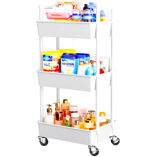 Pipishell 3 Tier Rolling Cart Organizer, Plastic Rolling Cart with Lockable Wheels & Reinforced Handle, Lightweight Utility Cart Storage Cart for Nursery, Kitchen, Bathroom, Craft Room, White, PIUC14W
