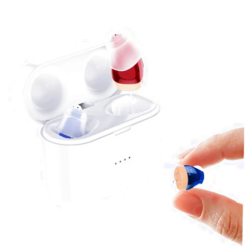 TARESING Rechargeable Invisible Hearing Aids for Seniors & Adults, Noise Cancelling, With Portable Charging Case, Blue & Red