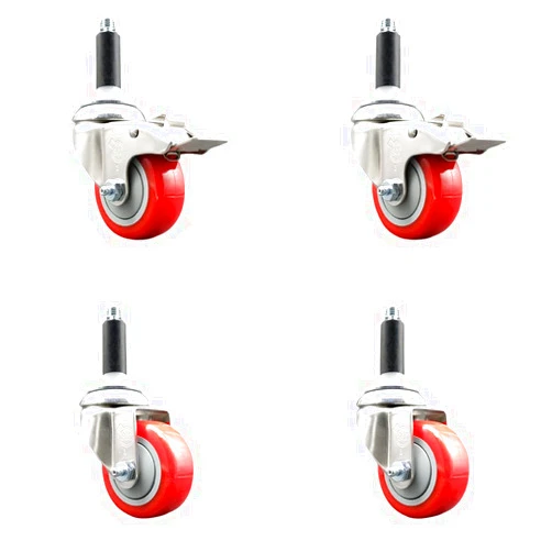 Service Caster Polyurethane Swivel Stem Caster Set of 4 with 3 Inch Red Caster Wheels - 3/4