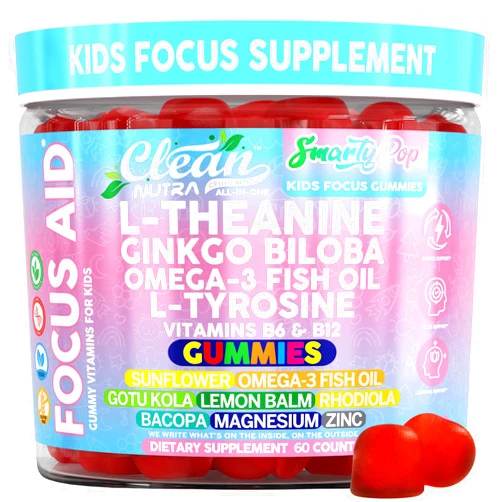 Clean Nutraceuticals Clean Nutra Kids Focus Gummies with L-Theanine, Ginkgo Biloba, Omega-3 Fish Oil, L-Tyrosine, Vitamin B6, B12 – 60 Count, Clean Label, Non-GMO, Vegan-Friendly SmartyPop Formula for Kids Support