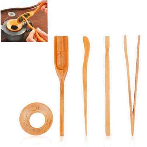 HERCHR 5 Pcs Gongfu Tea Set Portable, Bamboo Tea Tool Set Tea Clip Needle Shovel Spoon Bamboo Leaks Tea Ceremony Accessories for Household Restaurant Tea House