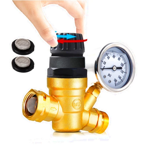 Gociean Handle Adjustable RV Water Pressure Regulator for RV Camper, Upgraded Brass Lead-Free RV Water Pressure Regulator with Gauge and 2 Inlet Screened Filters for RV Camper, Travel Trailer