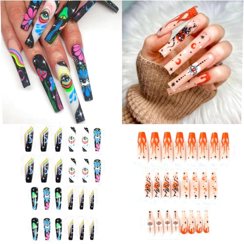 JIYIEW 48pcs Long Press on Nails Ballerina Acrylic False Nails, 2 Sets Flower Eye & Snake Flame Coffin Manicure Nails Art Decorations for Women Girls