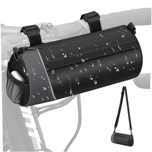 FINPAC Bike Handlebar Bag, Waterproof Bicycle Front Frame Storage Pouch for Cycling, Detachable Shoulder Strap, Mountain Road Bike Bag Bicycle Accessories, Black with reflective strips