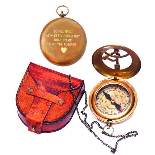PORTHO Engraved Sundial compass with leather case - Traveler Gift - Inspirational Gift - Adventurer gift - Wedding gift - Baptism gift - Gift for him (Love You Forever)
