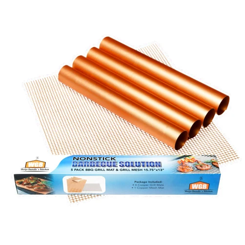 Apromy Non-Stick BBQ Grill Mat Copper - Set of 5 Copper Grill Mats for Outdoor Grill Reusable Heavy Duty for Electric Grill Gas Charcoal Grill 15.75 X 13 inch