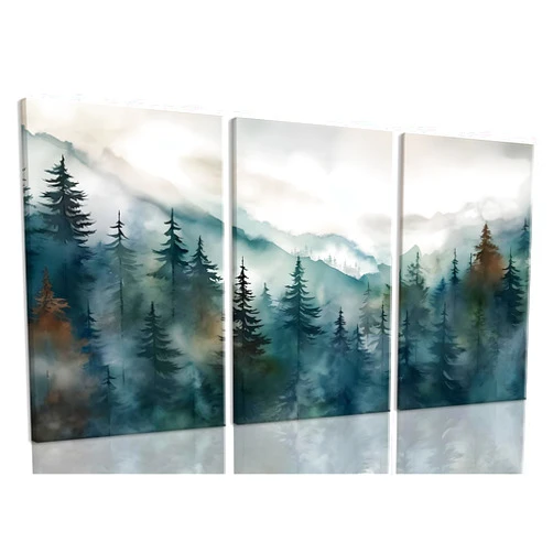 Bwodke Framed Mountain Wall Art Nature Landscape Watercolor Sun Forest Canvas Picture Prints Set of 3 Artwork Painting Home Wall Decor for Living Room Bedroom Office (Pine forest, 12