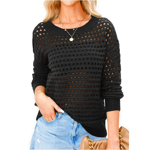 Langwyqu Womens Oversized Crochet Sweaters Trendy Sexy Knit Cotton Crew Neck Long Sleeve Hollow Out Pullover Cover Ups