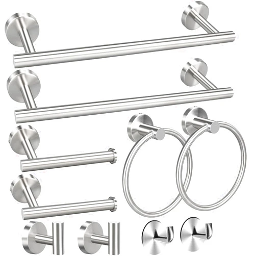 Toptowel 10 Pieces Bath Towel Bar, Includes 2 Packs 23.6 inch Bathroom Towel bar, 4 Packs Towel Hook, 2 Packs Towel Ring, 2 Packs Toilet Paper Holder-Brushed Nickel
