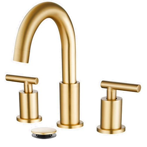 gotonovo 3 Hole 2 Handles Lavatory Basin Bathroom Sink Faucet with Pop Up Drain with Hot and Cold Mixer Valves 8 Inch Widespread Bathroom Faucet Brushed Gold