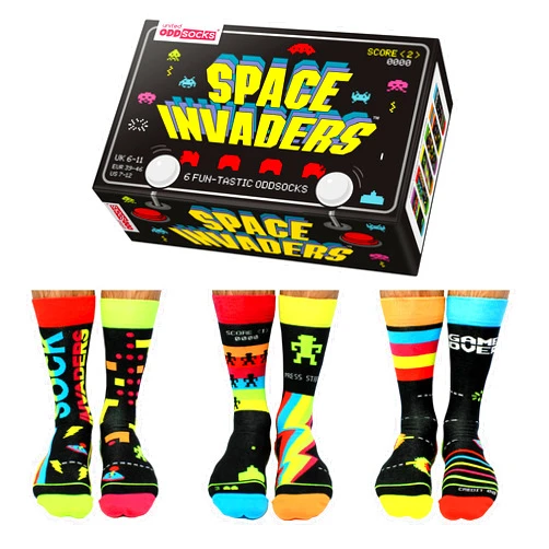 United Oddsocks Novelty Mens Socks Space Invaders - Box of 6 Men Oddsocks US 7-12