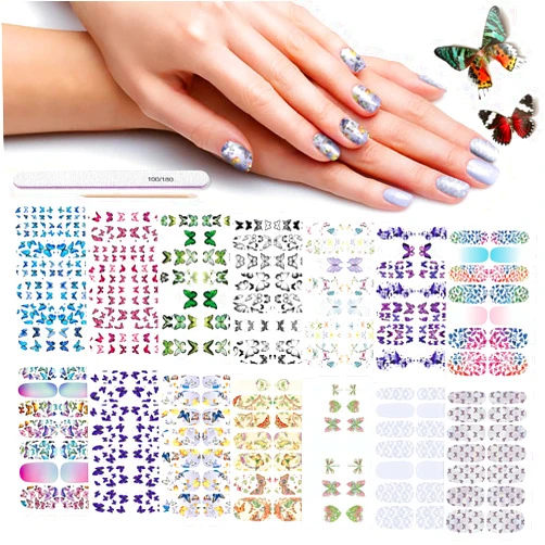 DANNEASY Nail Polish Strips, DANNEASY 14 Sheets Holographic Butterfly Nail Stickers Tips Adhesive Nail Wraps Manicure Kit 1Pc Nail File + Wood Cuticle Stick