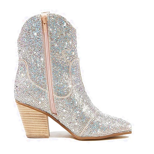 gloryinterest Womens Rhinestone Ankle Boots Sparkly Glitter Chunky Heel Western Pointed Toe Crystal Cowboy Short Booties Silver US4-10