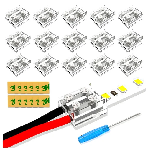 VISDOLL 15 Pack LED Strip Connectors Solderless 2Pin 8MM Transparent LED Tape Light Connectors Tighten Screw Strip to Wire for COB/SMD LED Strip Lights 5V 12V 24V (with Screwdriver & 3M Adhesive)