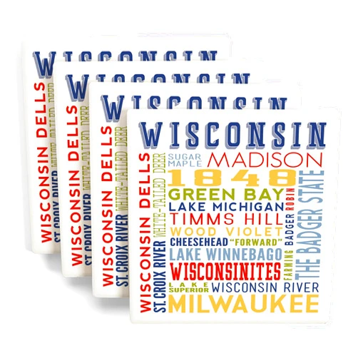 Lantern Press Wisconsin Dells, Wisconsin, Typography (Absorbent Ceramic Coasters Set of 4 Matching Images, Cork Back, Kitchen Table Decor)