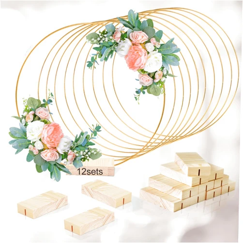 GUDELAK 12Pcs 12 Inch Floral Hoop Centerpiece Table Decorations, Metal Gold Center Pieces Decoration for Table with Wood Base, Table Centerpieces for DIY Wedding Decor Wall Hanging Crafts