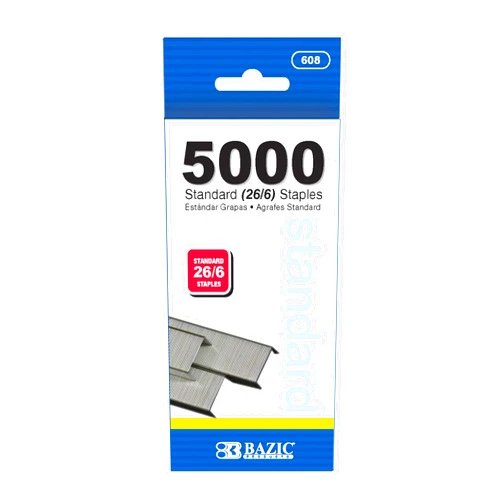 BAZIC Products BAZIC Staples Standard (26/6) 5000/Pack, Stapler Refill Standard Size Staple, Silver Colors, 1-Pack