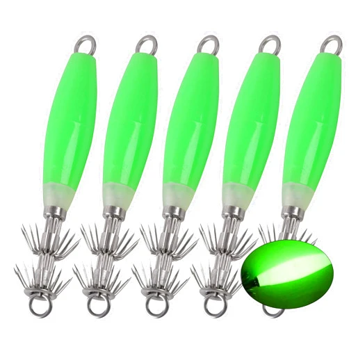 OROOTL Squid Jigs Saltwater Fishing Lures, 5/10pcs Glow Squid Jig Hooks Luminous Cuttlefish Sleeve Octopus Jig Baits Night Fishing Octopus Lures Set with Tackle Box