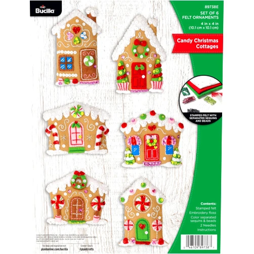 Bucilla, Felt Applique 6 Piece Ornament Making Kit, Candy Christmas Cottages, Perfect for DIY Arts and Crafts