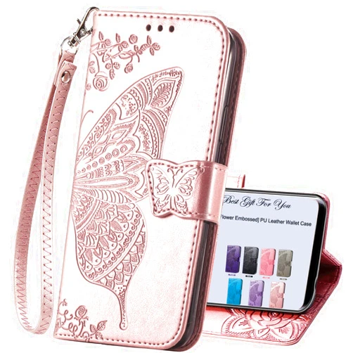 HAOTP for Samsung Galaxy A55 5G Phone Case Wallet,Women Flip Folio Cover Credit Card Holders Emboss Butterfly Flower PU Leather Purse Wrist Strap Kickstand Case for Samsung Galaxy A55 5G Rose Gold