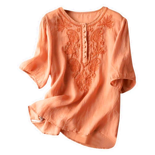 FZYLQY Women's Summer Cotton Linen Button 3/4 Sleeve Shirts Loose Crew Neck Casual Boho Top Vintage Embroidery Blouse Tops