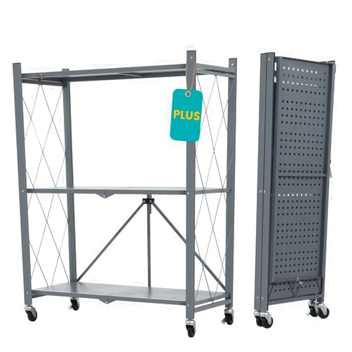 ALANNG Folding Storage Shelves with Wheels, 3 Tier and 4 Tier (2 Pack, Grey)