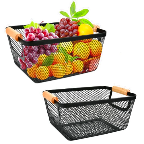 Boocalny 2 Pack Metal Mesh Steel Basket with Wood Handle, Black Wire Mesh Basket, Multi-function Wire Storage Basket, Rectangle Snack Food Basket Organizer Bin for Kitchen Bathroom Cabinet Christmas