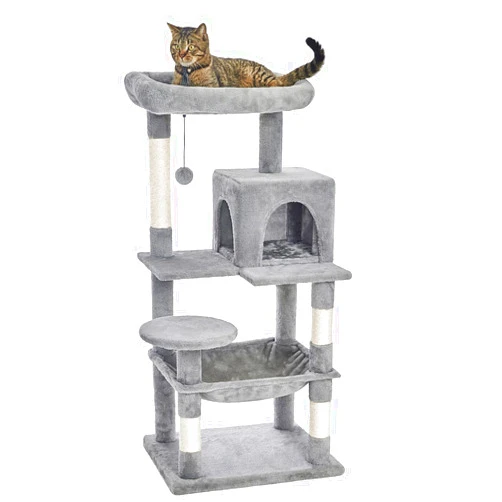 Catreaier Cat Tree, Cat Tower, 46.5 Inches, Cat Activity Center with Large Square Hammock, Perch, Cat Condo Light Gray