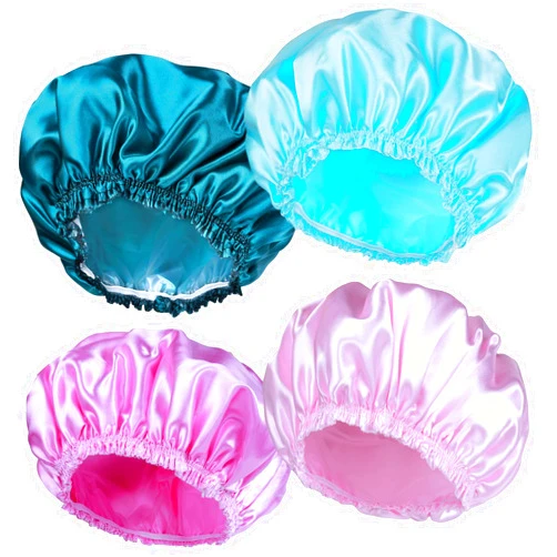 CHFONG Shower Caps for Women, 4 PCS Elastic and Reusable Bath Caps, Double Waterproof Layers Shower Cap, Bathing Shower Caps, Environmental Protection Hair Bath Hat - Solid Color