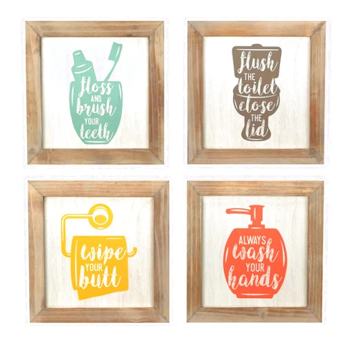 Motley Lane - Set of 4 - Floss, Flush, Wipe, and Wash Wall Art - Unique and Hand Crafted Quality MDF Typography