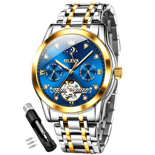OLEVS Men Automatic Watch Skeleton Moon Phase Dial Luxury Dress Stainless Steel Strap 5 Hands Diamond Men Wrist Watches