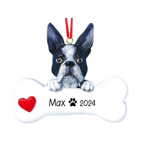 UniqXmas Personalized Boston Terrier Christmas Ornament 2024 | Dog Breed with Bone & Heart Xmas Tree Decoration | Dog's First Christmas Keepsake Gift – Custom Name & Year