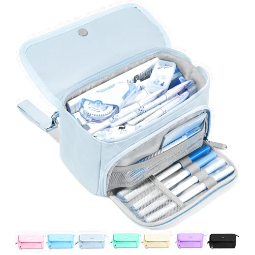 Sooez Super Large Pencil Case, Big Capacity Pencil Bag with 3 Compartments, can hold 100 pencils,Cute Pencil Pouch with Zipper,Portable Stationery Pen Bag,Aesthetic School Supplies For Girls,Haze Blue