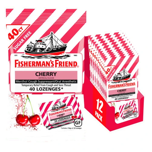 Fisherman's Friend Cough Drops, Cough Suppressant and Sore Throat Lozenges, Sugar Free Cherry, 6.9mg Menthol, 480 Drops (12 Packs of 40)