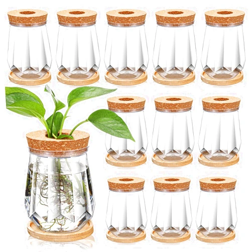 Baderke 12 Packs Propagation Vases for Plants Plastic Plant Propagation with Hole Lid and Bamboo Stand Growing in Water Hydroponic Home Office Desktop Vase Decoration(Diamond Style)