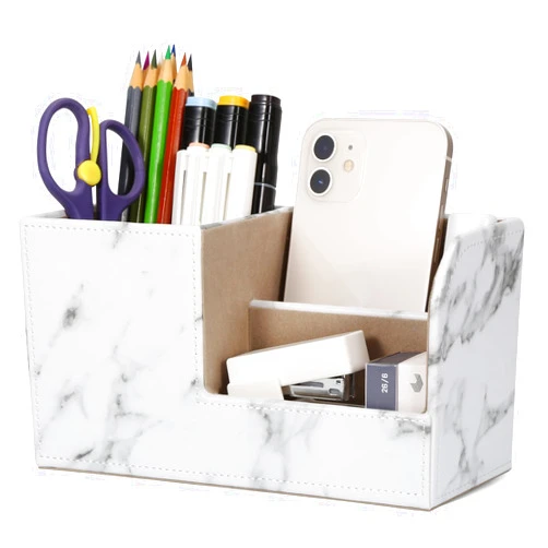 GORESE Office Desk Organizer, Pen Holder for Desk Cute, Leather Desktop Organizers with Remote Control Holder for Office Accessories Desk Supplies Organization Caddy Storage Box White Marble
