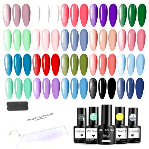 GELFAVOR Gel Nail Polish Kit with U v Light, 32 PCS Gel Nail Kit with Mini LED Nail Lamp and Base Coat Glossy Matte Glitter Top Coat Gel Polish Kit DIY Home Gift for Women