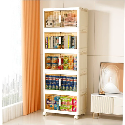 Holaki 5 Tiers Storage Bins with Lids, Collapsible Closet Organizers and Storage, Stackable Plastic Storage Bins Cabinet with Wheels and Magnetic Door(White)