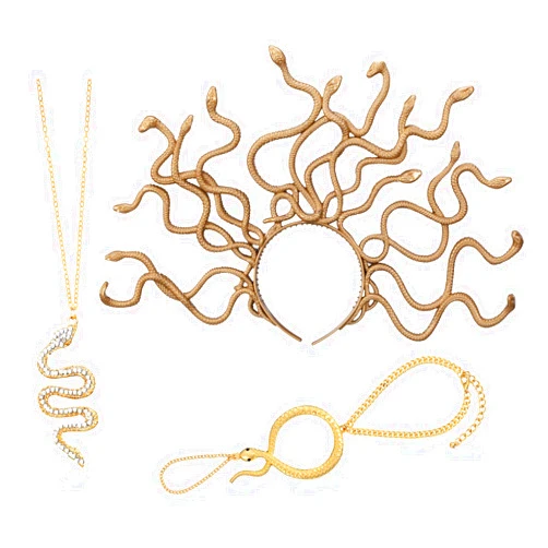 Nosiny 3 Pcs Halloween Medusa Snake Costume Medusa Headpiece Headband Adjustable Ring Bracelet Hand Chain Gold Rhinestone Pendant Snake Necklace for Women Jewelry Accessories