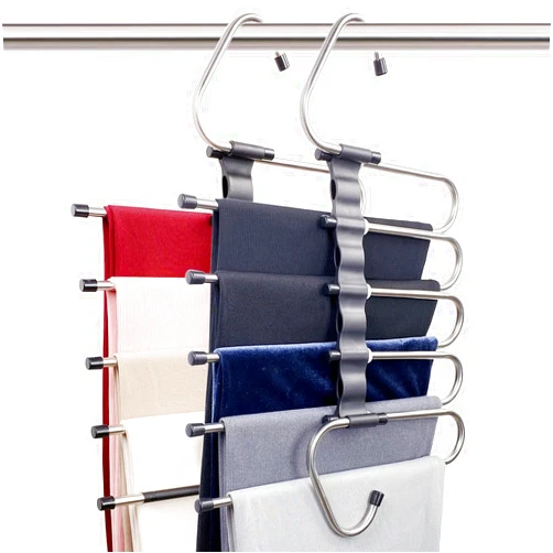 FeeraHozer Magic Pants Hangers Space Saving - 2 Pack for Closet Multiple Layers Multifunctional Uses Rack Organizer for Trousers Scarves Slack (2 Pack with 10 Metal Clips)