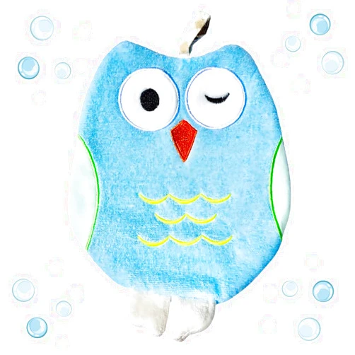 Harmony N More Ollie The Owl Washcloth - Animal Shape Cotton Mitt - Zoo Glove - Puppet Washcloth - Children Bath Glove - Bath Cloth (Blue Owl)