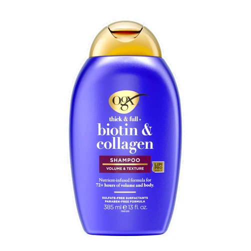 OGX Thick & Full + Biotin & Collagen Volumizing Shampoo, Nutrient-Infused Hair Shampoo with Vitamin B7 Biotin Gives Hair Volume & Body for 72+ Hours, Sulfate-Free Surfactants, 13 fl. oz